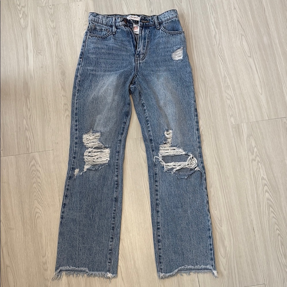 VIBRANT blue distressed straight leg jeans